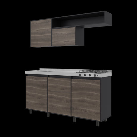 Cocina Quebec Wengue y Milan 180x180cm con Meson de Acero Inoxidable Izquierdo y con Estufa - COCINAS | Bylmo