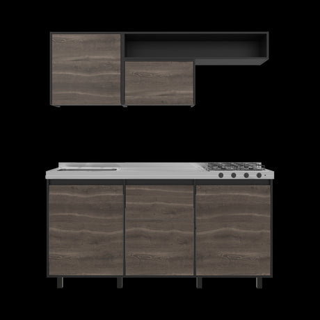 Cocina Quebec Wengue y Milan 180x180cm con Meson de Acero Inoxidable Izquierdo y con Estufa - COCINAS | Bylmo