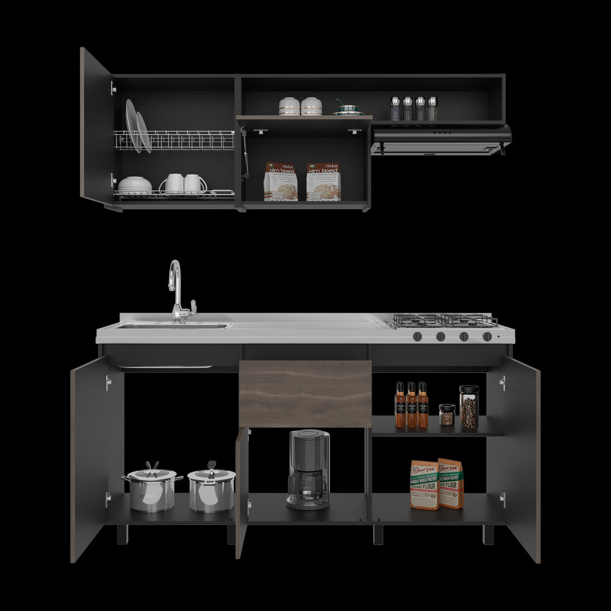 Cocina Quebec Wengue y Milan 180x180cm con Meson de Acero Inoxidable Izquierdo y con Estufa - COCINAS | Bylmo