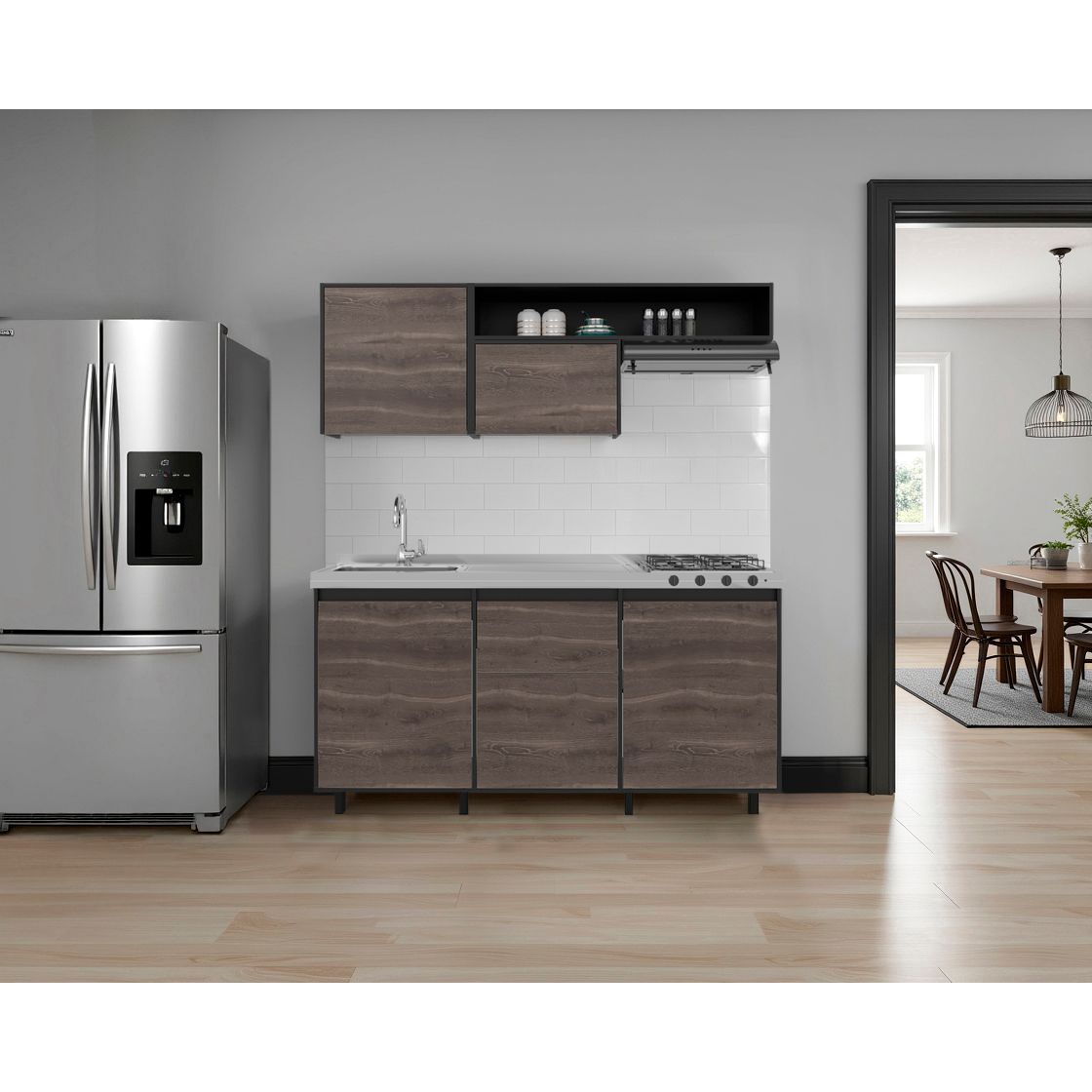 Cocina Quebec Wengue y Milan 180x180cm con Meson de Acero Inoxidable Izquierdo y con Estufa - COCINAS | Bylmo