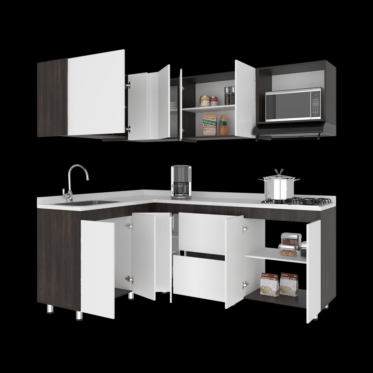 Cocina Esquinera Barnwell Blanco y Nogal 210x62cm sin Mesón y sin Estufa - COCINAS | Bylmo