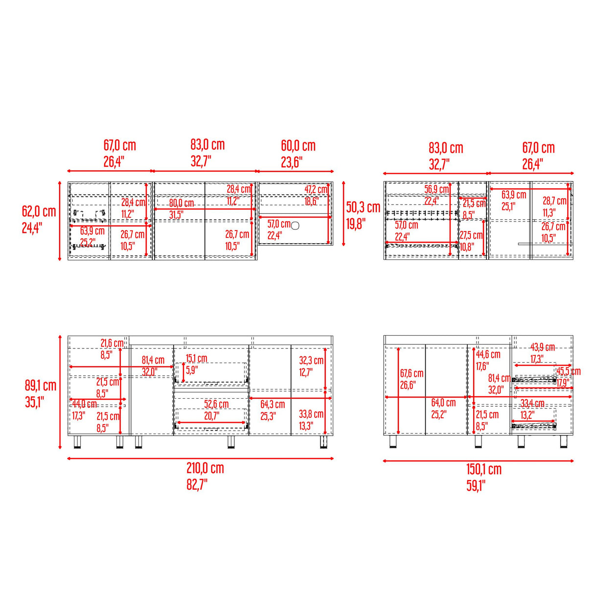 Cocina Esquinera Barnwell Blanco y Nogal 210x62cm sin Mesón y sin Estufa - COCINAS | Bylmo