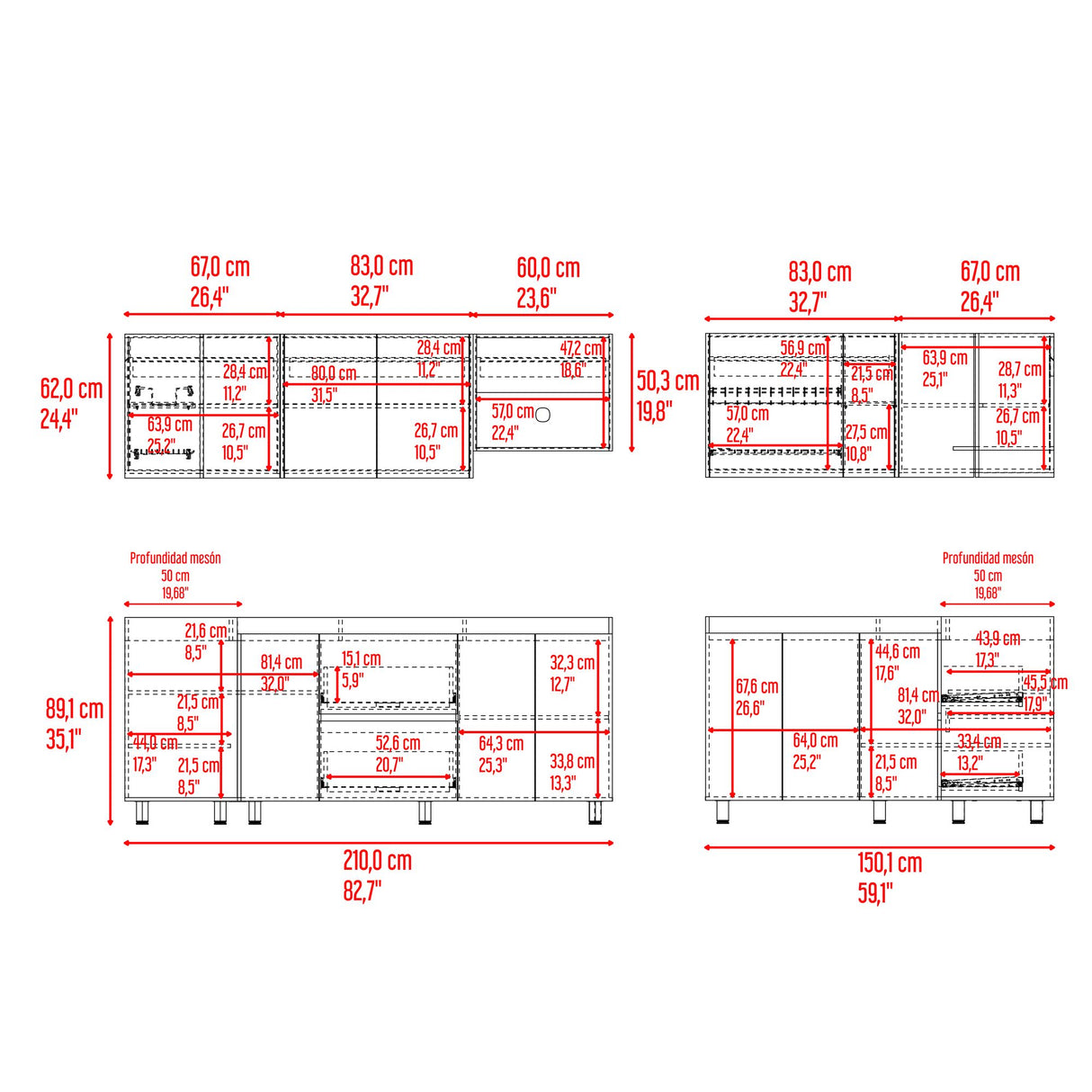 Cocina Esquinera Barnwell Blanco y Nogal 210x62cm sin Mesón y sin Estufa - COCINAS | Bylmo