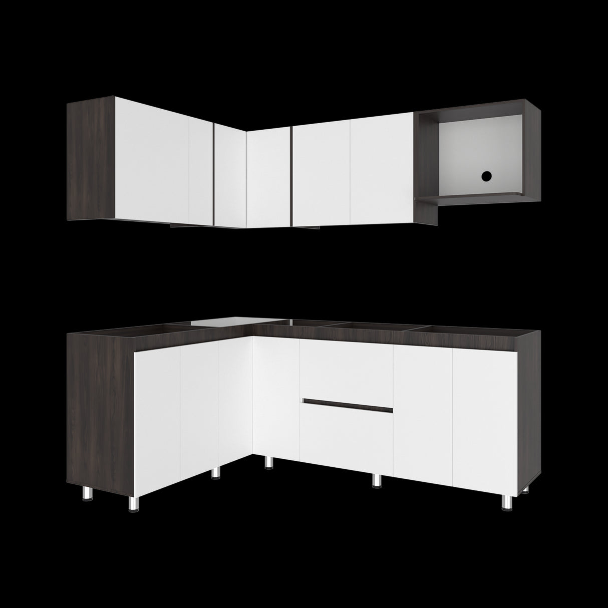 Cocina Esquinera Barnwell Blanco y Nogal 210x62cm sin Mesón y sin Estufa - COCINAS | Bylmo