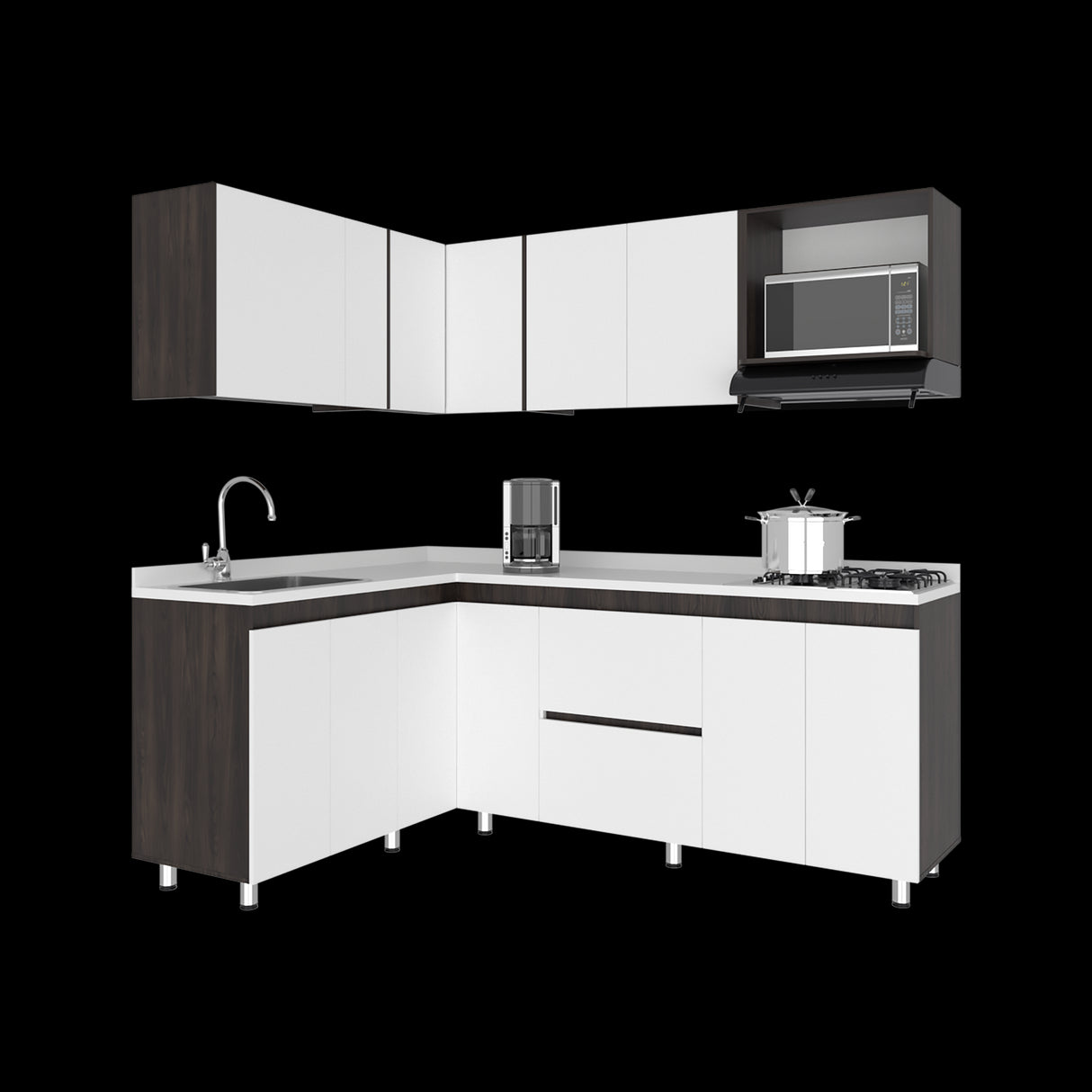 Cocina Esquinera Barnwell Blanco y Nogal 210x62cm sin Mesón y sin Estufa - COCINAS | Bylmo