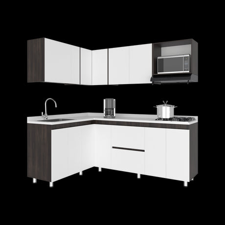 Cocina Esquinera Barnwell Blanco y Nogal 210x62cm sin Mesón y sin Estufa - COCINAS | Bylmo