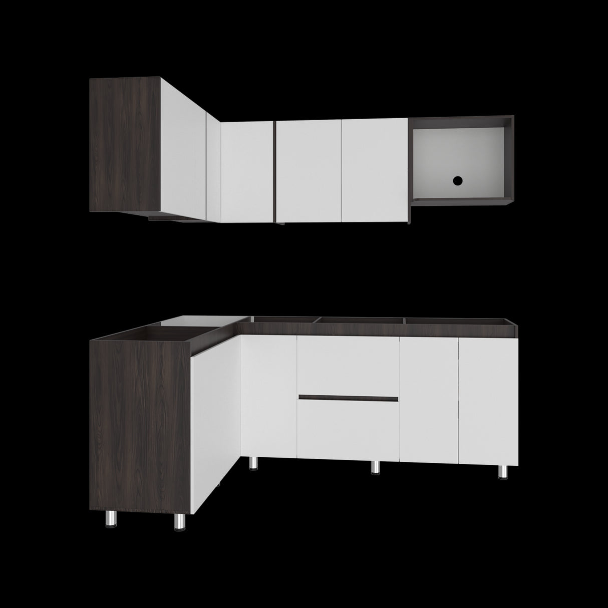 Cocina Esquinera Barnwell Blanco y Nogal 210x62cm sin Mesón y sin Estufa - COCINAS | Bylmo