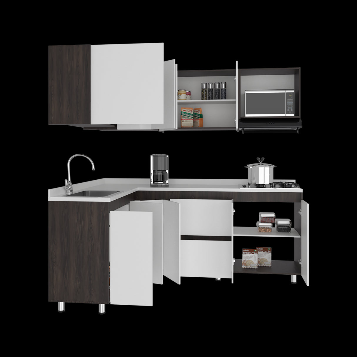 Cocina Esquinera Barnwell Blanco y Nogal 210x62cm sin Mesón y sin Estufa - COCINAS | Bylmo