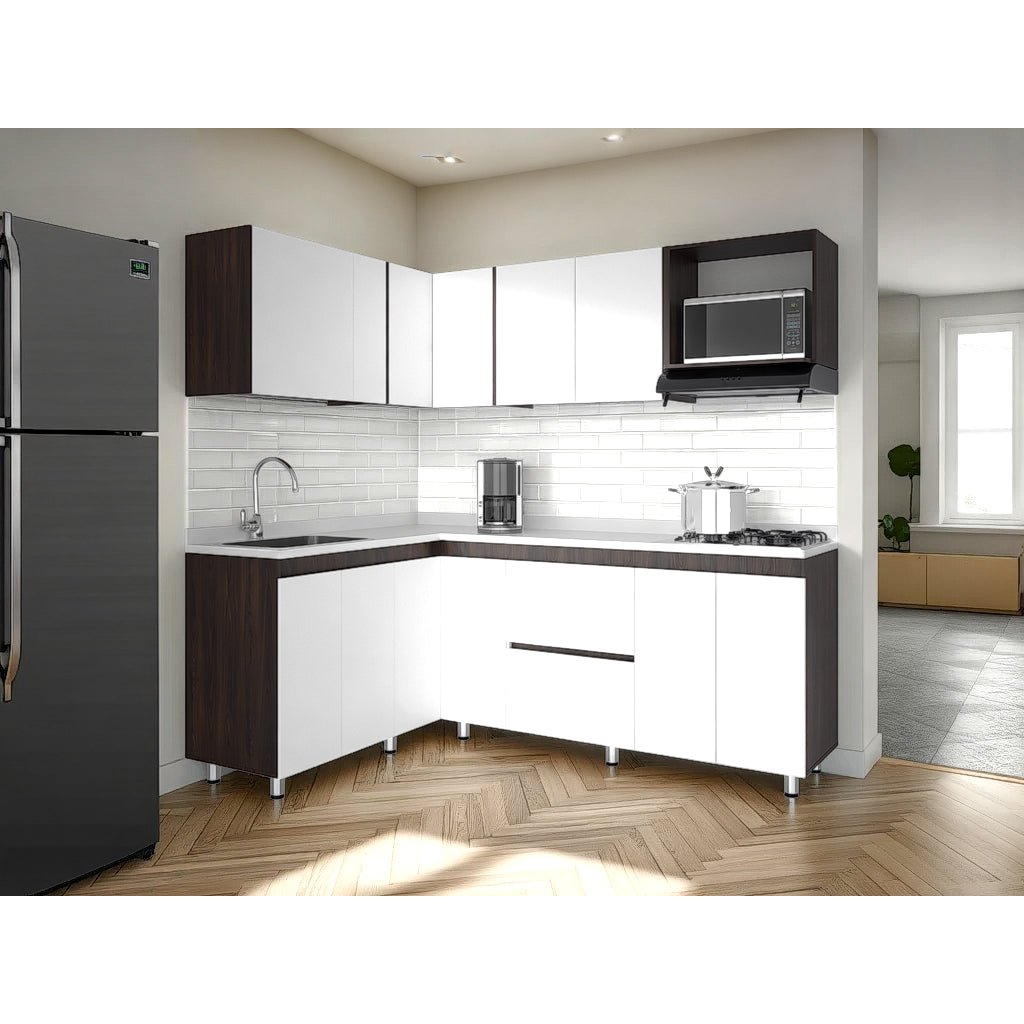 Cocina Esquinera Barnwell Blanco y Nogal 210x62cm sin Mesón y sin Estufa - COCINAS | Bylmo