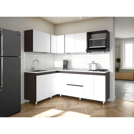 Cocina Esquinera Barnwell Blanco y Nogal 210x62cm sin Mesón y sin Estufa - COCINAS | Bylmo