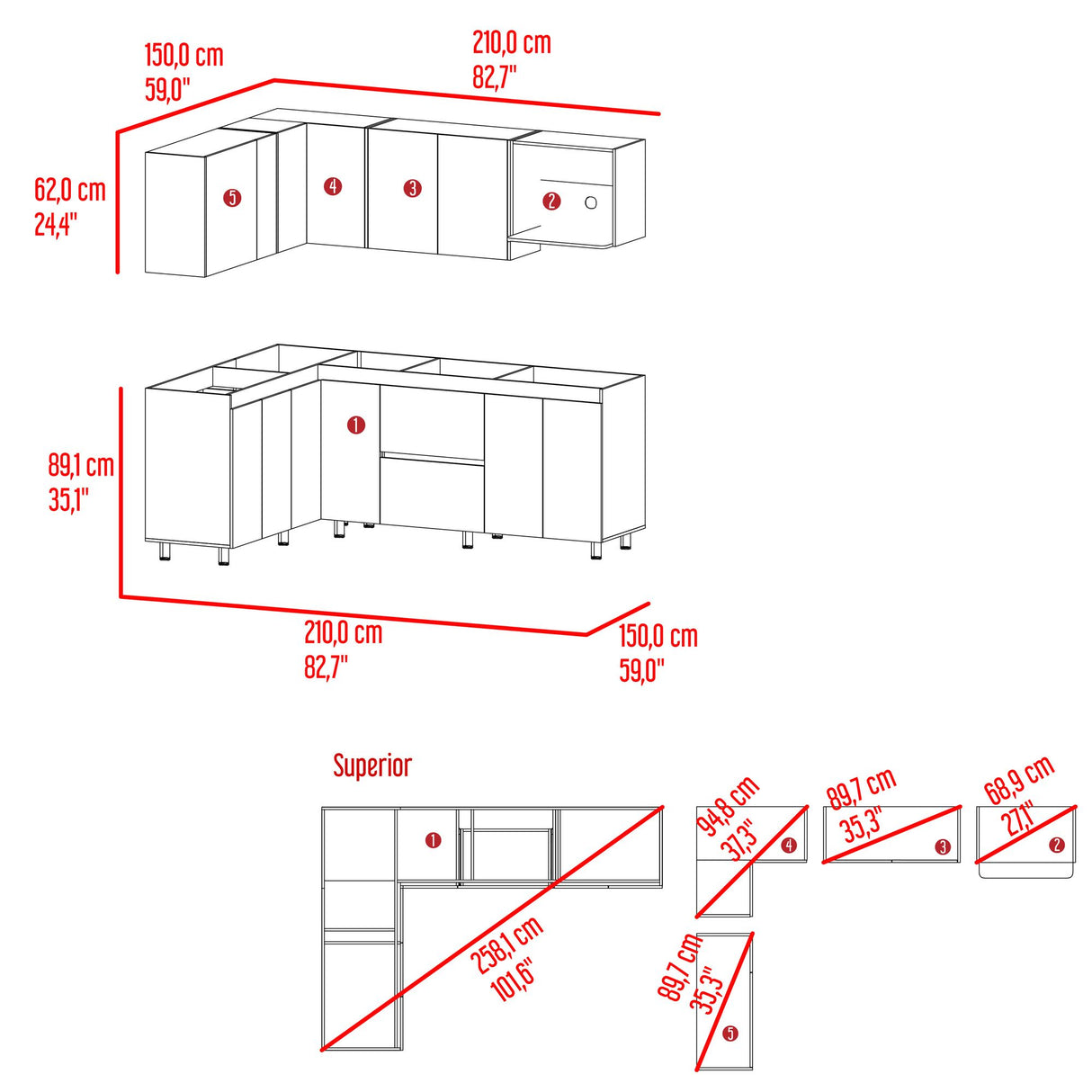 Cocina Esquinera Barnwell Blanco y Nogal 210x62cm sin Mesón y sin Estufa - COCINAS | Bylmo