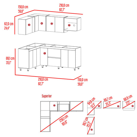 Cocina Esquinera Barnwell Blanco y Nogal 210x62cm sin Mesón y sin Estufa - COCINAS | Bylmo