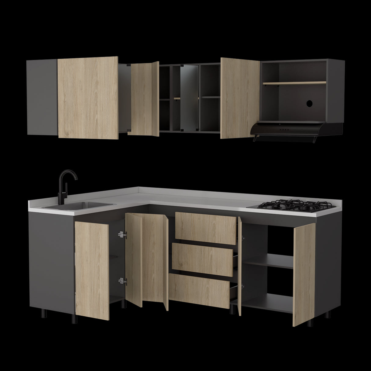 Cocina Esquinera Londres Plomo y Rovere 210.3x62cm sin Mesón y sin Estufa - COCINAS | Bylmo
