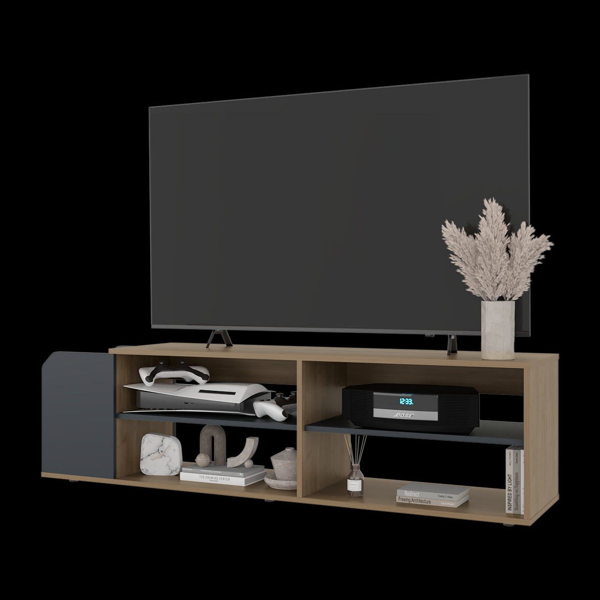 Rack de TV Solene Fresno Europeo y Azul 150x42cm para TV Hasta 60" Pulgadas Con Cuatro Compartimientos y Ranuras para Cable - MUEBLES DE TV | Bylmo