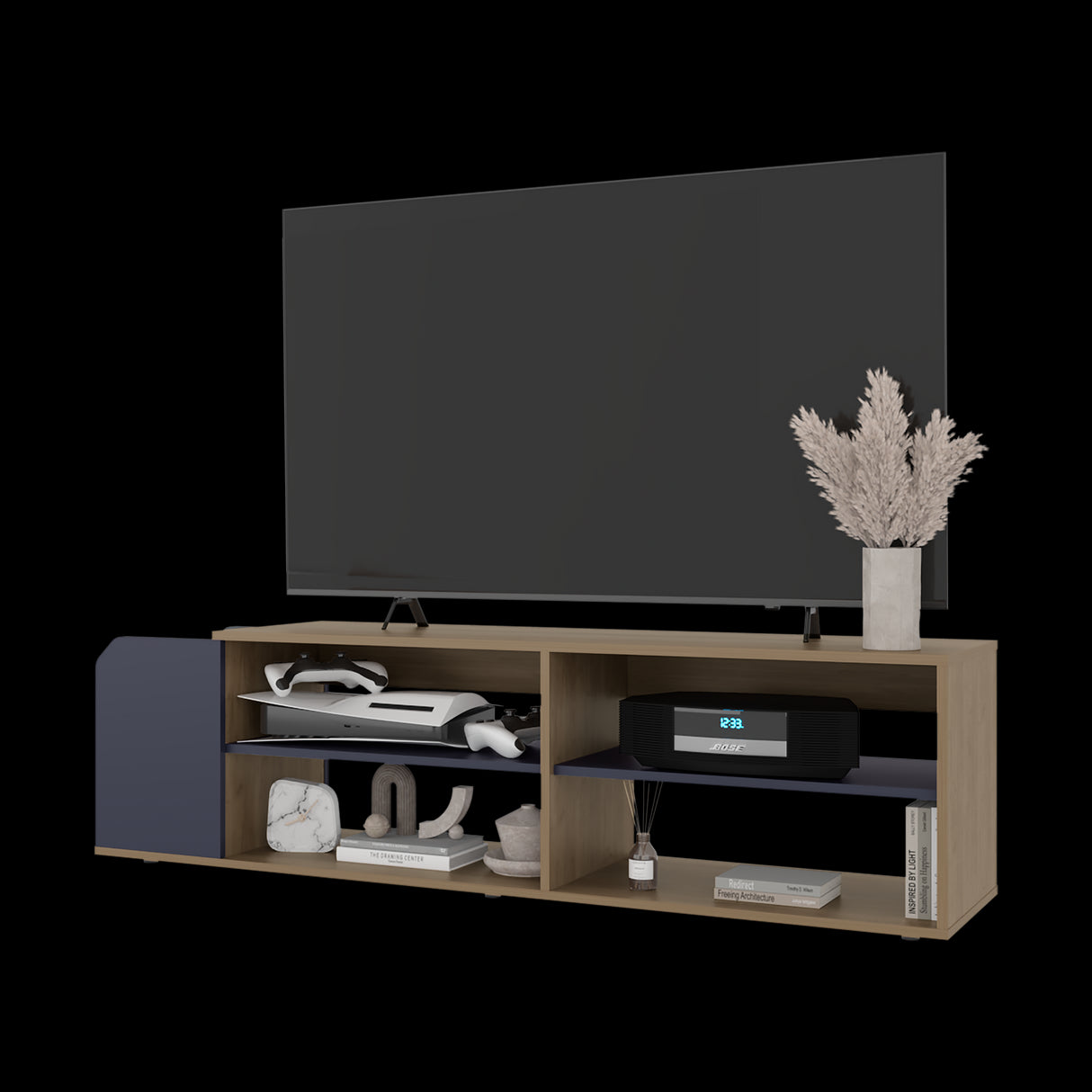 Rack de TV Solene Fresno Europeo y Azul 150x42cm para TV Hasta 60" Pulgadas Con Cuatro Compartimientos y Ranuras para Cable - MUEBLES DE TV | Bylmo