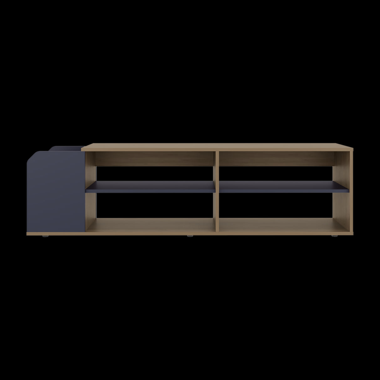 Rack de TV Solene Fresno Europeo y Azul 150x42cm para TV Hasta 60" Pulgadas Con Cuatro Compartimientos y Ranuras para Cable - MUEBLES DE TV | Bylmo