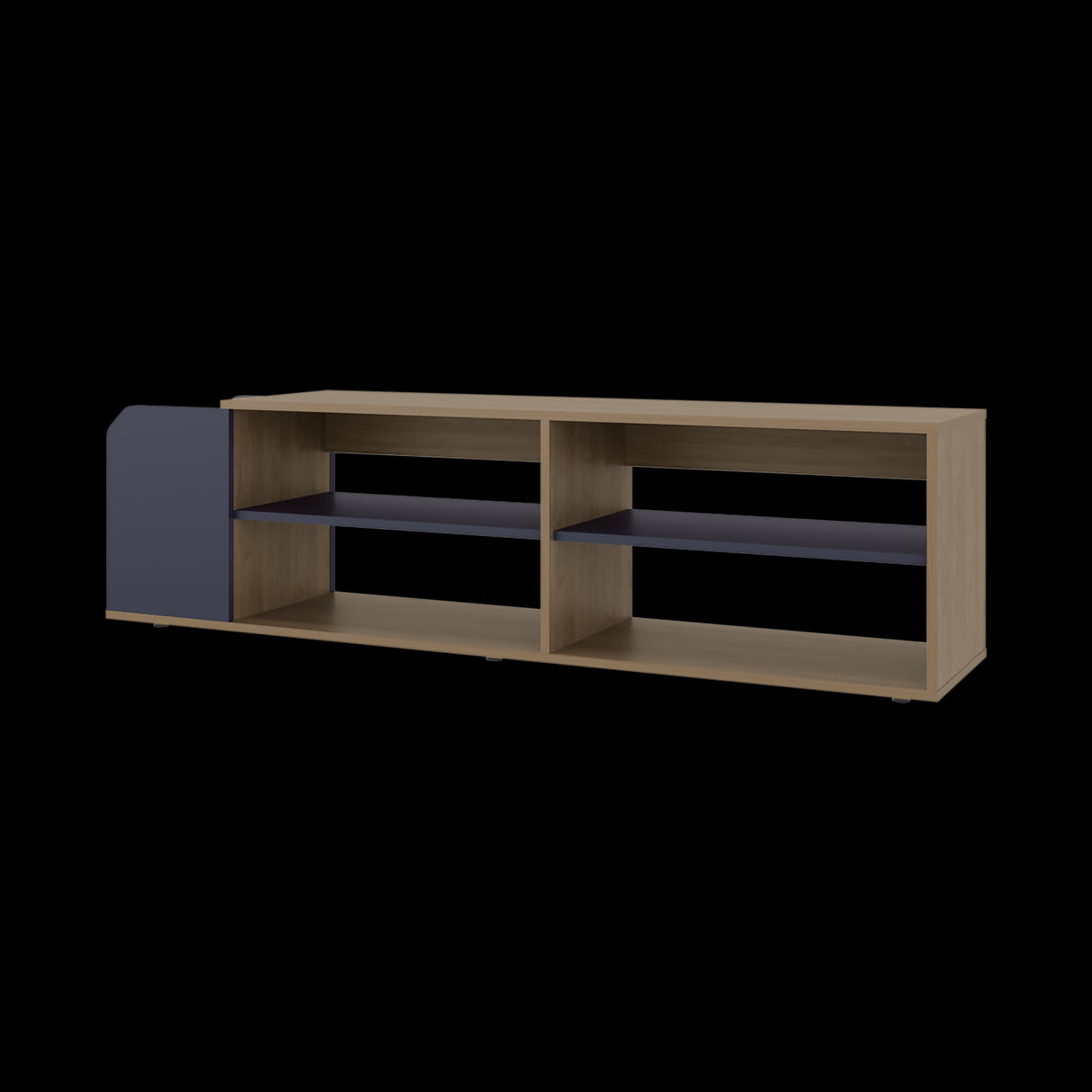 Rack de TV Solene Fresno Europeo y Azul 150x42cm para TV Hasta 60" Pulgadas Con Cuatro Compartimientos y Ranuras para Cable - MUEBLES DE TV | Bylmo