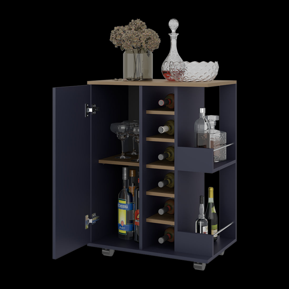 Bar Carro Azul y Fresno Europeo 60x81.5cm con Seis Compartimientos y Con Seis Portabotellas - BARES | Bylmo