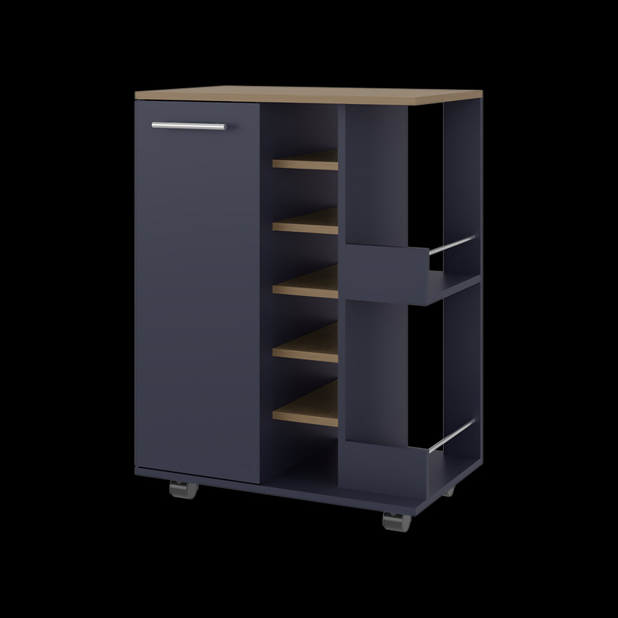 Bar Carro Azul y Fresno Europeo 60x81.5cm con Seis Compartimientos y Con Seis Portabotellas - BARES | Bylmo