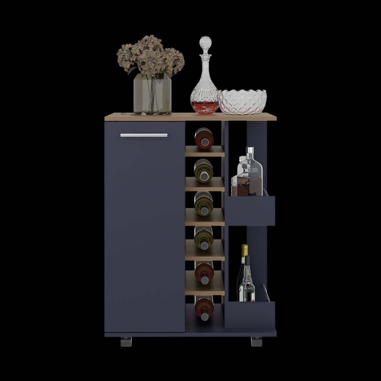 Bar Carro Azul y Fresno Europeo 60x81.5cm con Seis Compartimientos y Con Seis Portabotellas - BARES | Bylmo