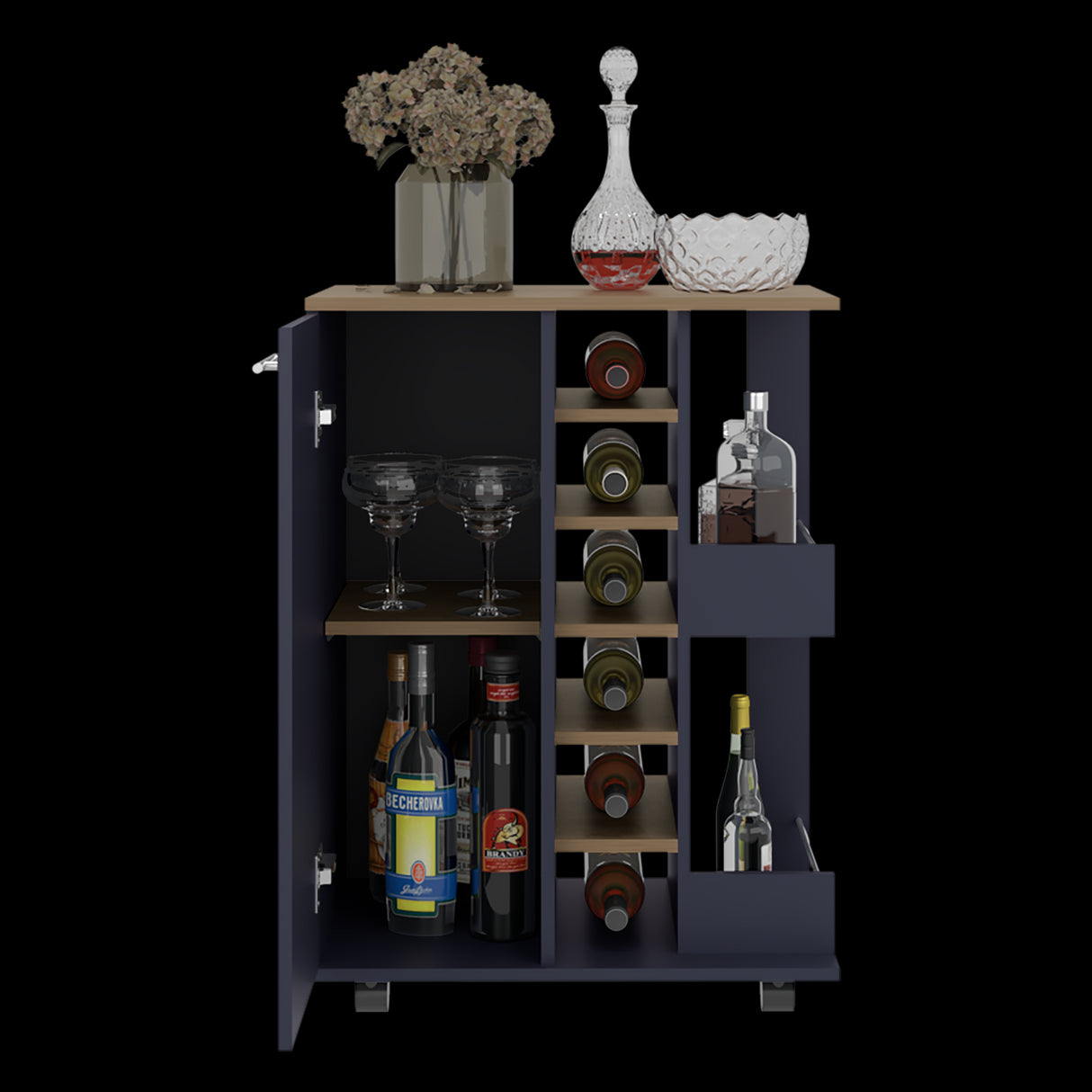 Bar Carro Azul y Fresno Europeo 60x81.5cm con Seis Compartimientos y Con Seis Portabotellas - BARES | Bylmo