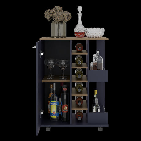 Bar Carro Azul y Fresno Europeo 60x81.5cm con Seis Compartimientos y Con Seis Portabotellas - BARES | Bylmo