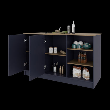 Isla de Cocina Ginger Azul y Fresno Europeo 150x90.6cm con Cuatro Entrepaños y con Siete Compartimientos - BARRAS Y MUEBLES AUXILIARES | Bylmo
