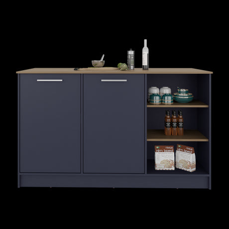 Isla de Cocina Ginger Azul y Fresno Europeo 150x90.6cm con Cuatro Entrepaños y con Siete Compartimientos - BARRAS Y MUEBLES AUXILIARES | Bylmo