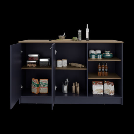 Isla de Cocina Ginger Azul y Fresno Europeo 150x90.6cm con Cuatro Entrepaños y con Siete Compartimientos - BARRAS Y MUEBLES AUXILIARES | Bylmo