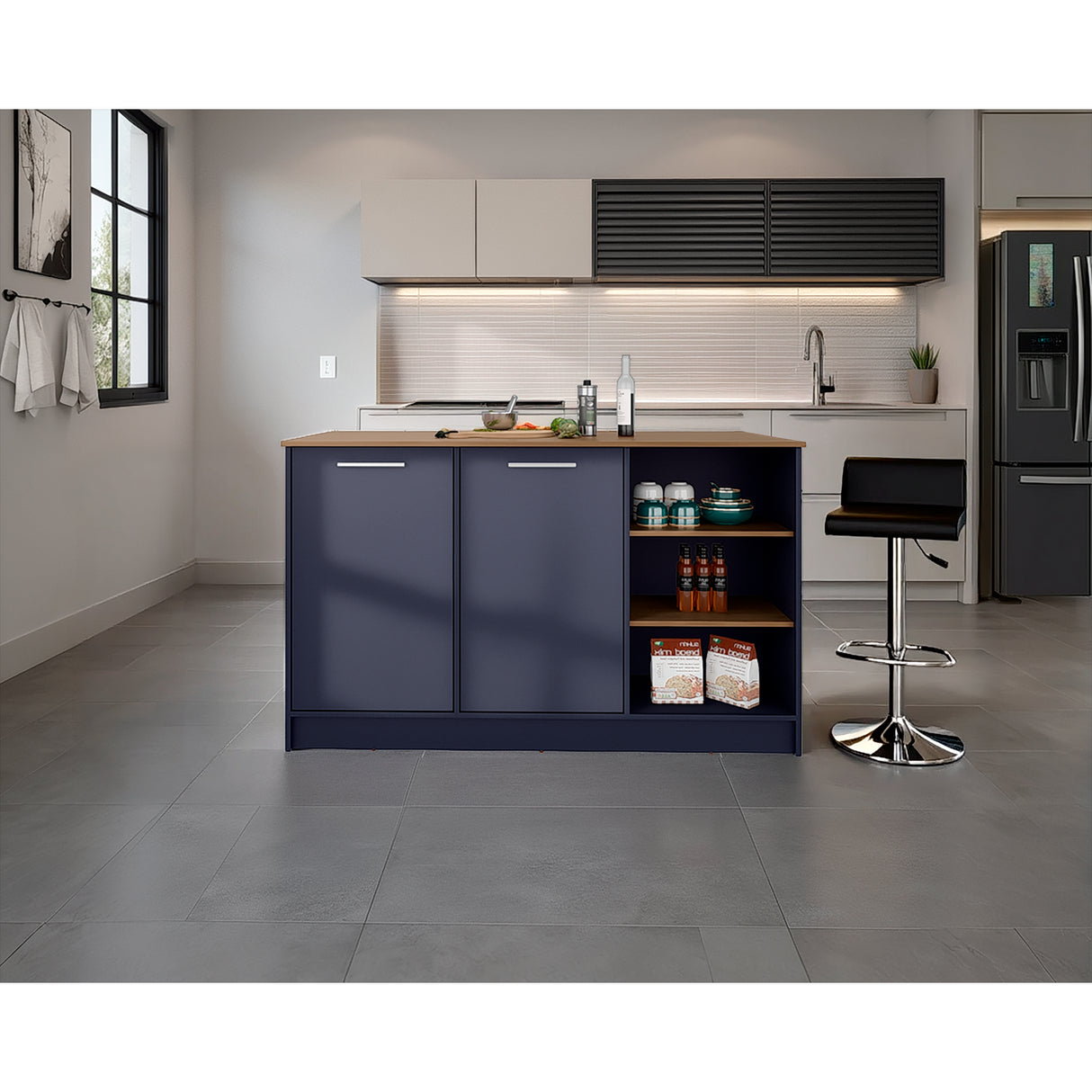 Isla de Cocina Ginger Azul y Fresno Europeo 150x90.6cm con Cuatro Entrepaños y con Siete Compartimientos - BARRAS Y MUEBLES AUXILIARES | Bylmo