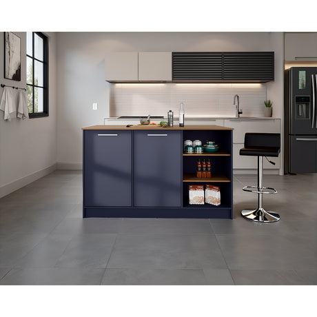 Isla de Cocina Ginger Azul y Fresno Europeo 150x90.6cm con Cuatro Entrepaños y con Siete Compartimientos - BARRAS Y MUEBLES AUXILIARES | Bylmo