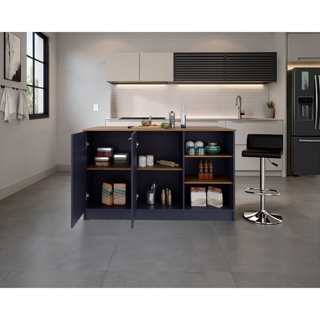 Isla de Cocina Ginger Azul y Fresno Europeo 150x90.6cm con Cuatro Entrepaños y con Siete Compartimientos - BARRAS Y MUEBLES AUXILIARES | Bylmo