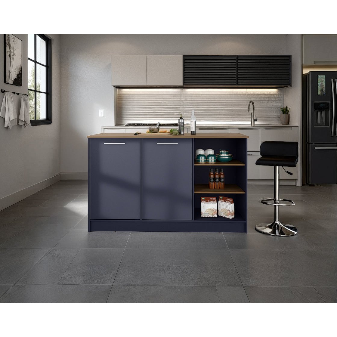 Isla de Cocina Ginger Azul y Fresno Europeo 150x90.6cm con Cuatro Entrepaños y con Siete Compartimientos - BARRAS Y MUEBLES AUXILIARES | Bylmo