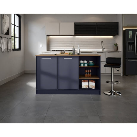 Isla de Cocina Ginger Azul y Fresno Europeo 150x90.6cm con Cuatro Entrepaños y con Siete Compartimientos - BARRAS Y MUEBLES AUXILIARES | Bylmo