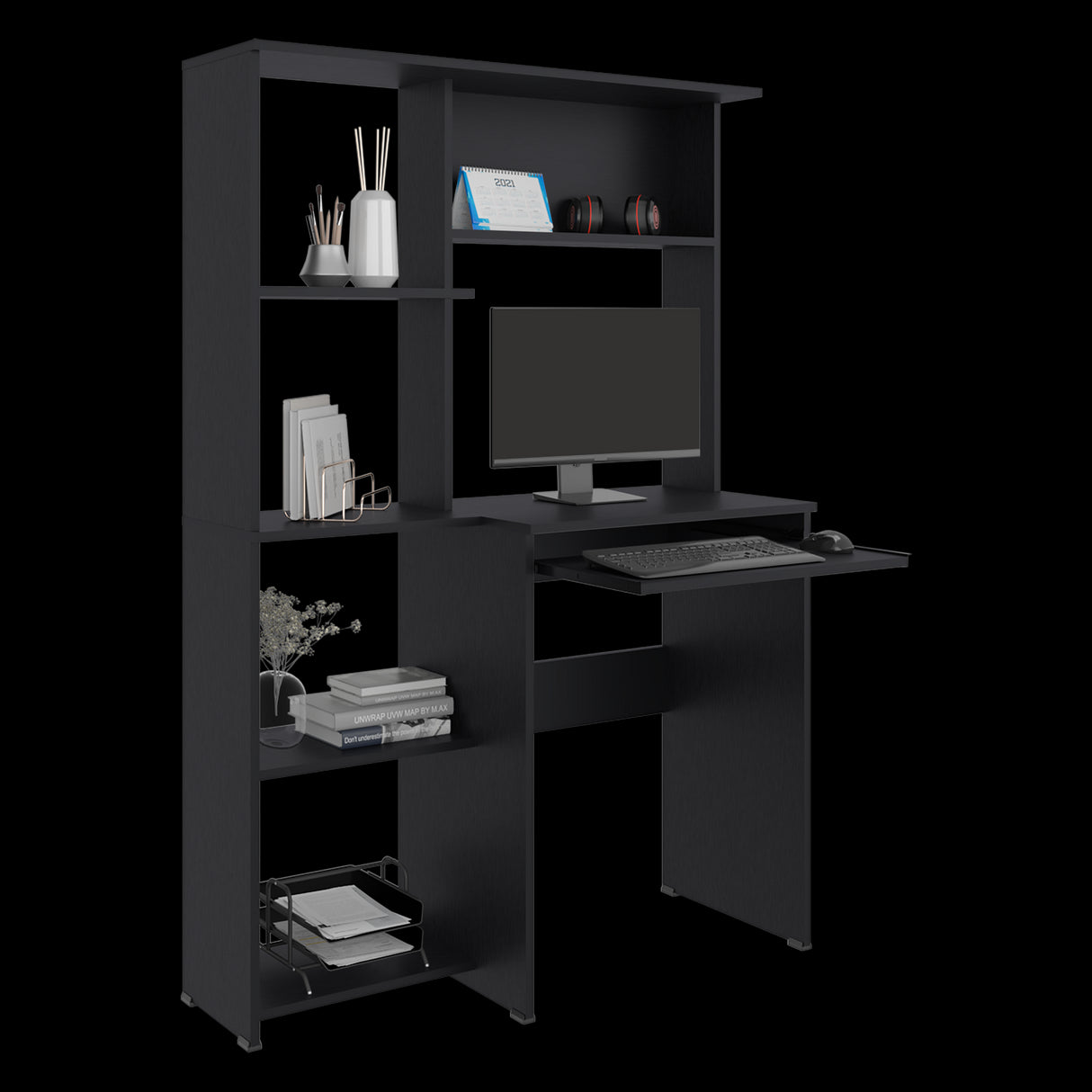Centro de Computo Alden Eco Wengue 100x150cm con Organizador de Libros y sin Cajones - ESCRITORIOS | Bylmo