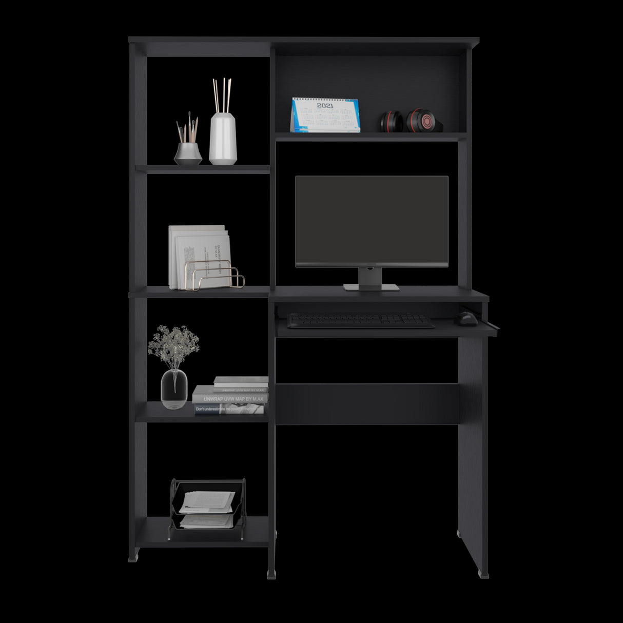 Centro de Computo Alden Eco Wengue 100x150cm con Organizador de Libros y sin Cajones - ESCRITORIOS | Bylmo