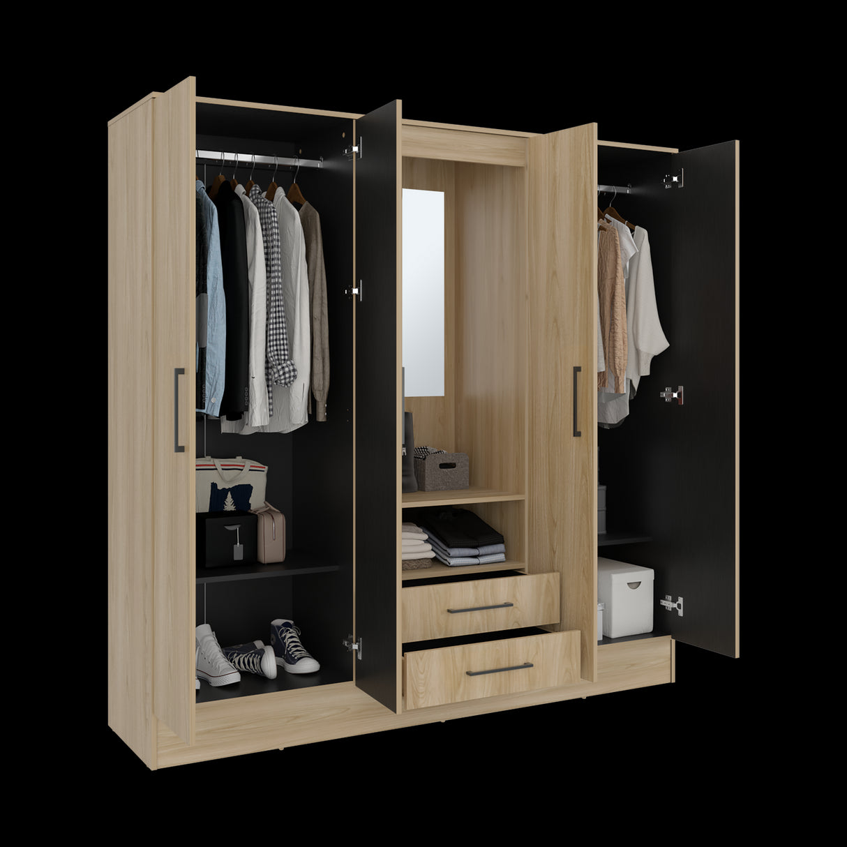 Closet Barmine Fresno Europeo y Wengue 180.2x180.6cm con Dos Cajones con Cuatro Puertas y con Espejo - CLOSETS | Bylmo