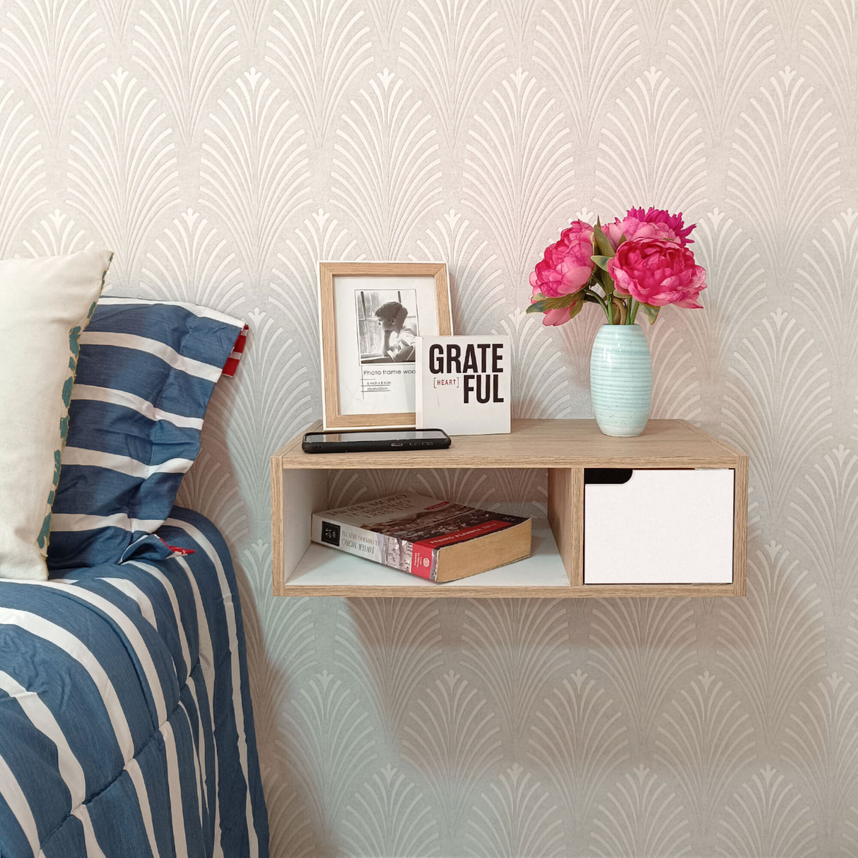 Repisa Trento Madera Natural y Blanco 50x15cm Rectangular con Un Cajón - REPISAS | Bylmo