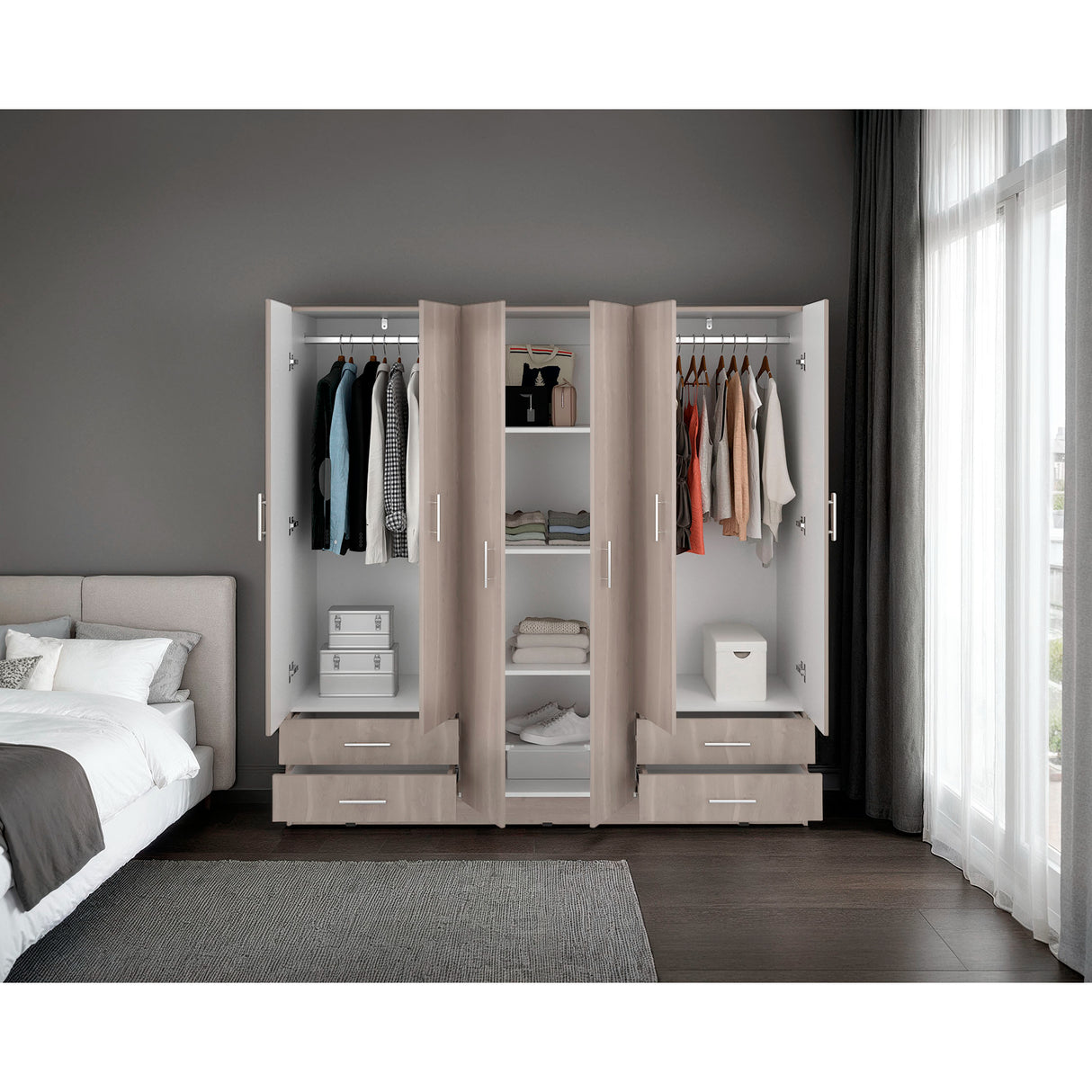 Closet Petunia Bardolino y Blanco 180x180cm con Cuatro Cajones y Seis Puertas - CLOSETS | Bylmo