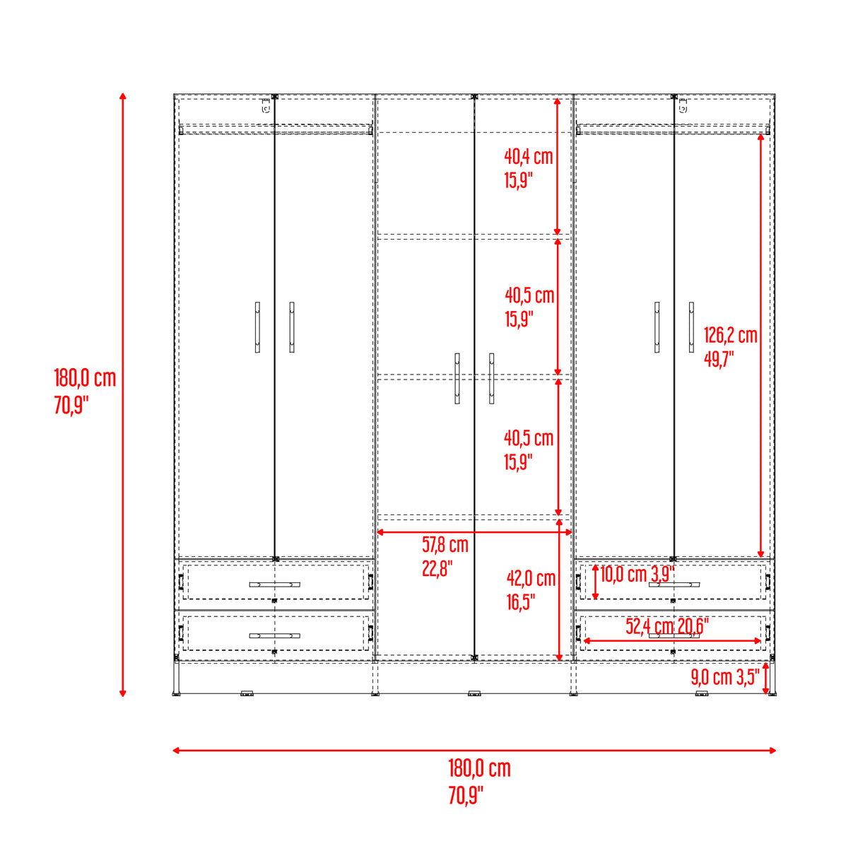 Closet Petunia Bardolino y Blanco 180x180cm con Cuatro Cajones y Seis Puertas - CLOSETS | Bylmo