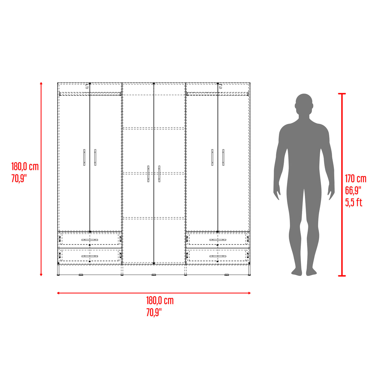 Closet Petunia Bardolino y Blanco 180x180cm con Cuatro Cajones y Seis Puertas - CLOSETS | Bylmo