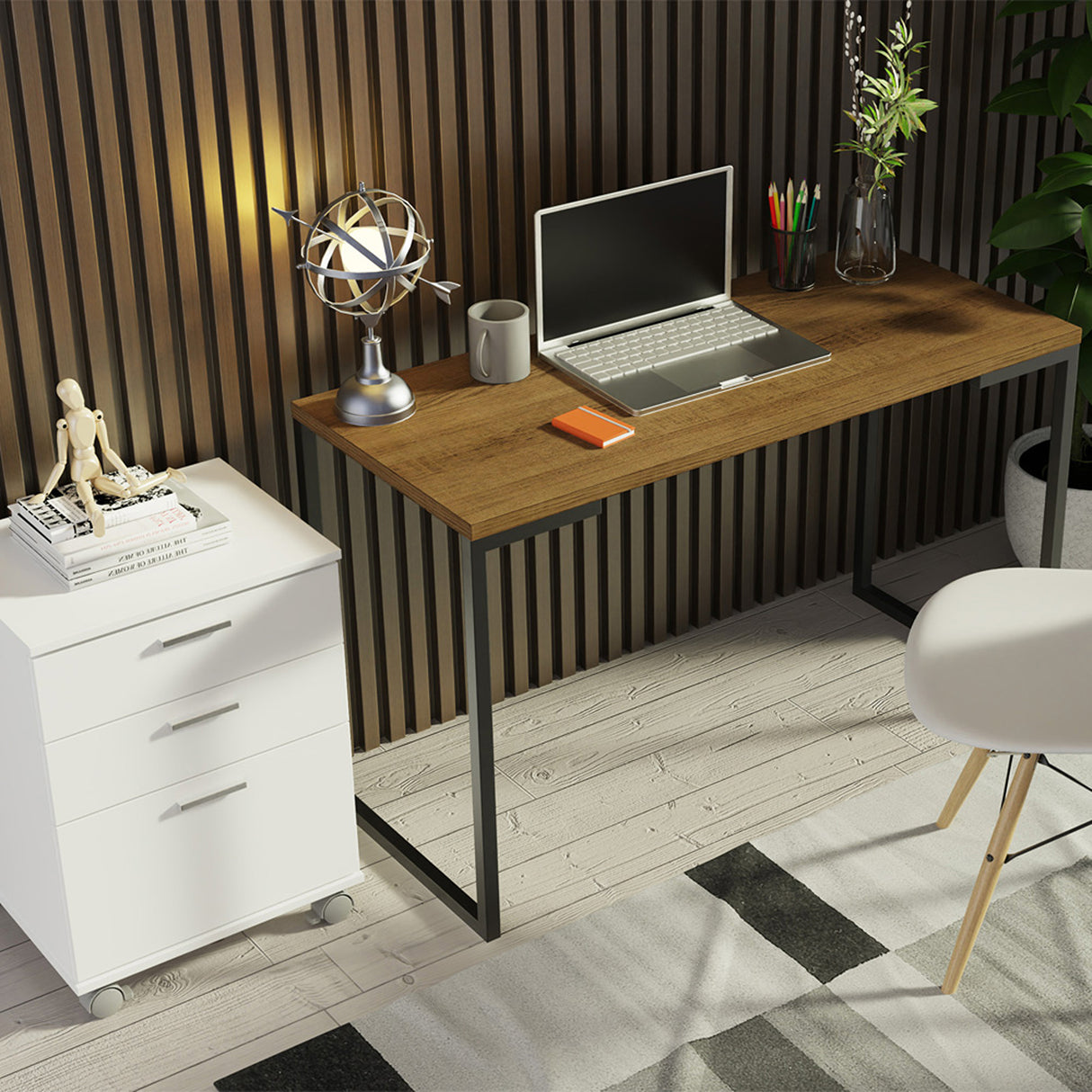 Escritorio Industrial Marron y Blanco 120x73cm con Tres Cajones con Organizador de Libros y con Archivador - ESCRITORIOS | Bylmo