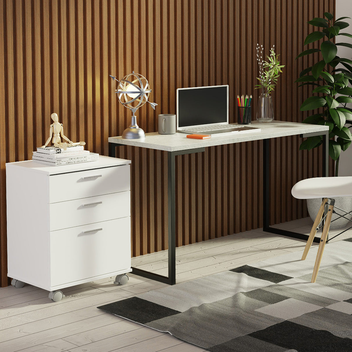 Escritorio Industrial Blanco y Gris 120x73cm con Tres Cajones con Organizador de Libros y con Archivador - ESCRITORIOS | Bylmo