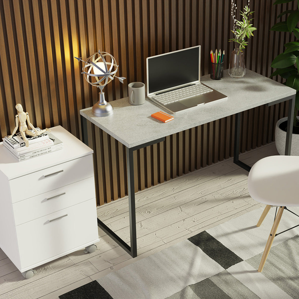 Escritorio Industrial Blanco y Gris 120x73cm con Tres Cajones con Organizador de Libros y con Archivador - ESCRITORIOS | Bylmo