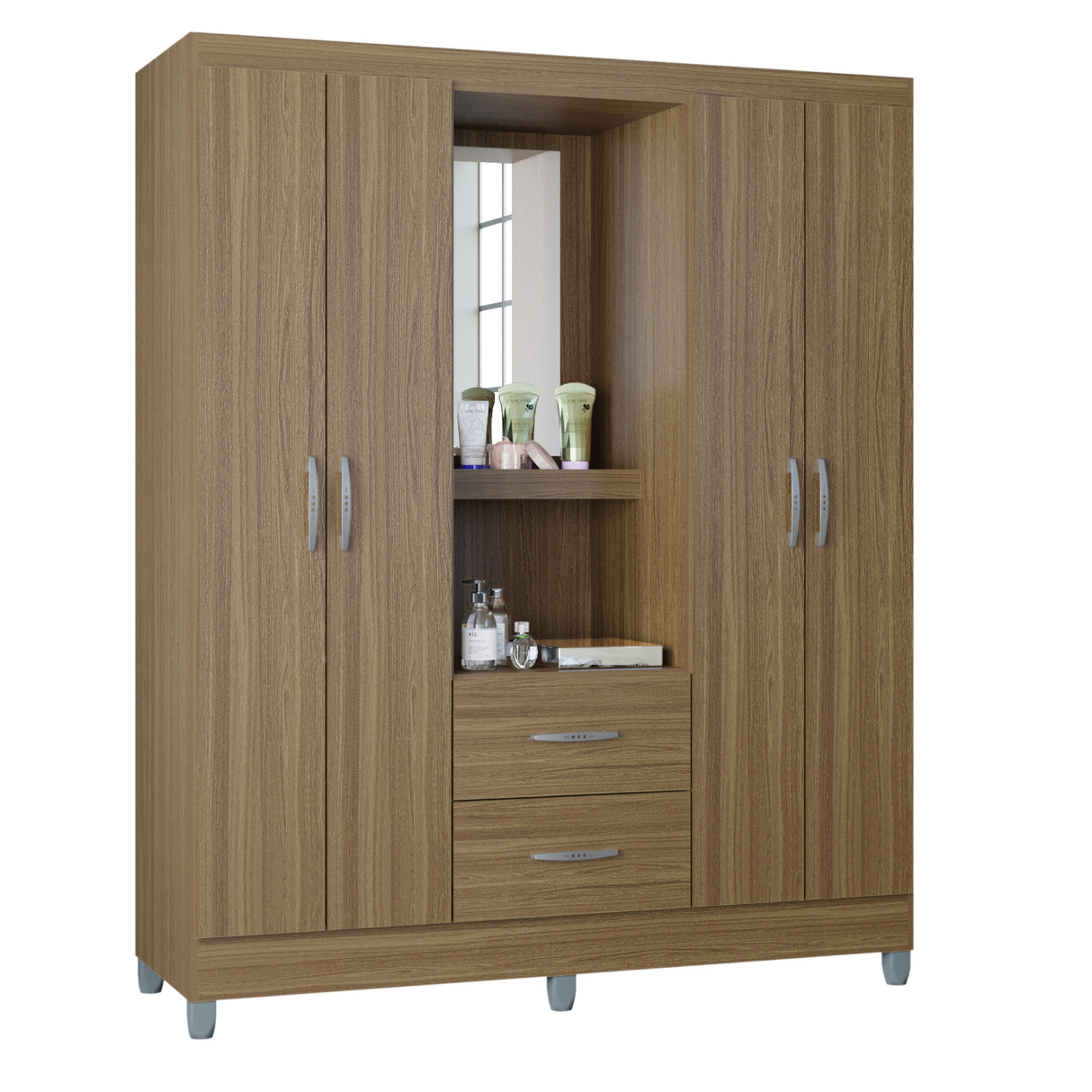 Closet Cordoba Castaño 148x181cm con Dos Cajones con Cuatro Puertas y con Espejo