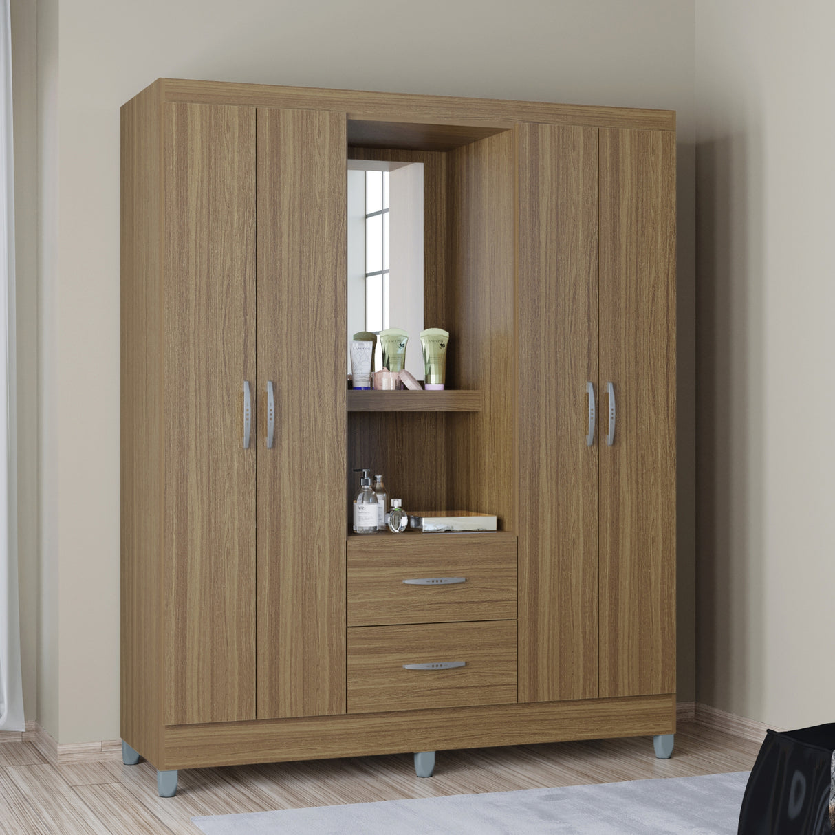 Closet Cordoba Castaño 148x181cm con Dos Cajones con Cuatro Puertas y con Espejo