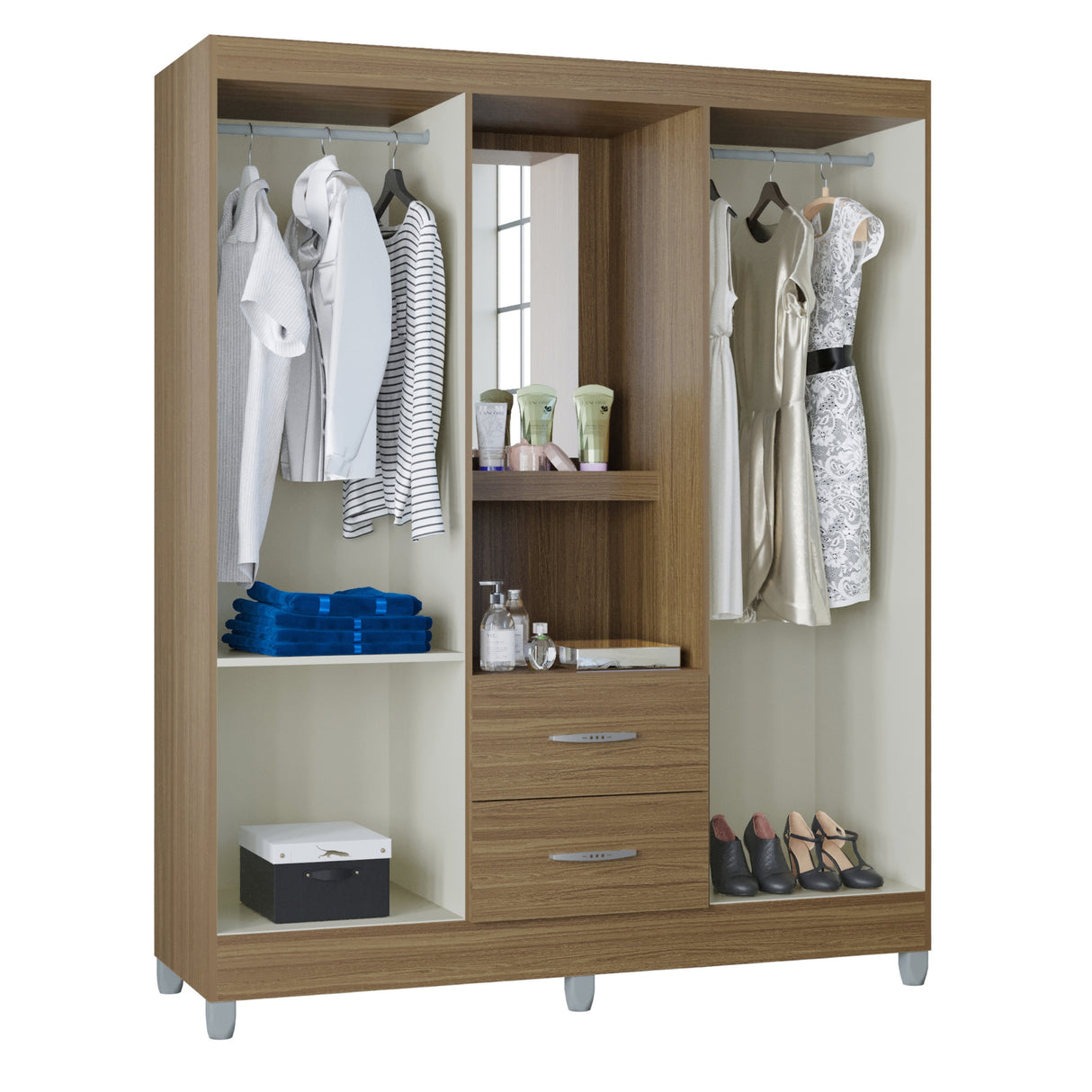 Closet Cordoba Castaño 148x181cm con Dos Cajones con Cuatro Puertas y con Espejo