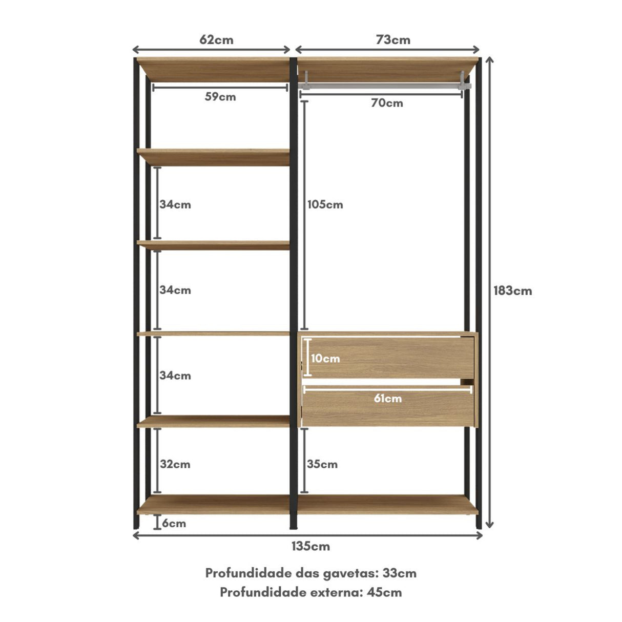 Closet Abierto Castaño 136x183cm con Dos Cajones - CLOSETS | Bylmo