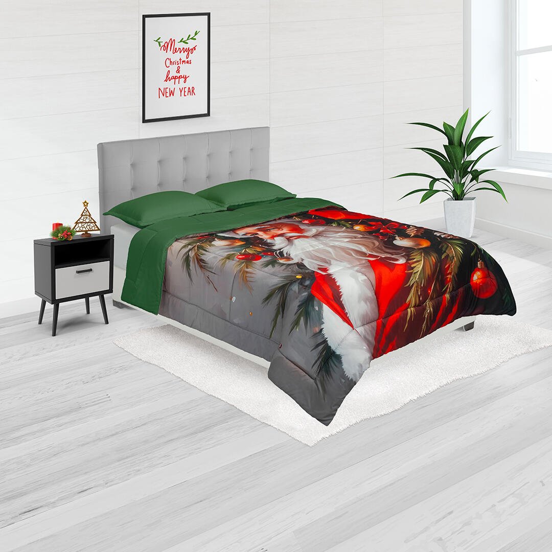 Cubrelecho Navideño Verde 140x190cm Doble Faz Acolchado para cama Doble 140 X 190 Cm de Papa Noel - TENDIDOS Y CUBRELECHOS | Bylmo