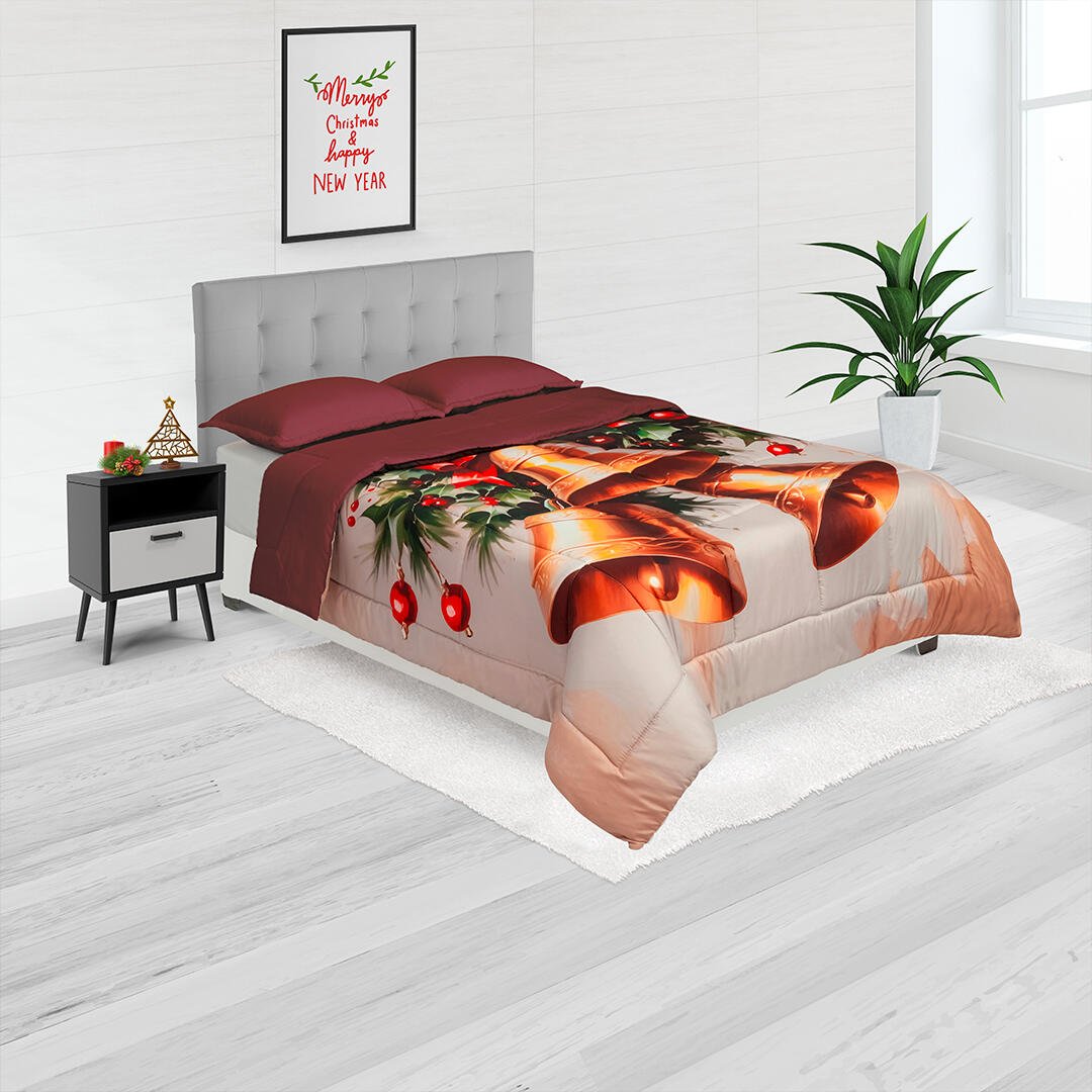Cubrelecho Navideño Vinotinto 200x200cm Doble Faz Acolchado para cama King 200 X 200 Cm de Campanas - TENDIDOS Y CUBRELECHOS | Bylmo